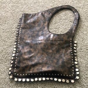 Unique shoulder bag.  Brown. Faux leather.  Snap detail.  Zipper closer EUC.